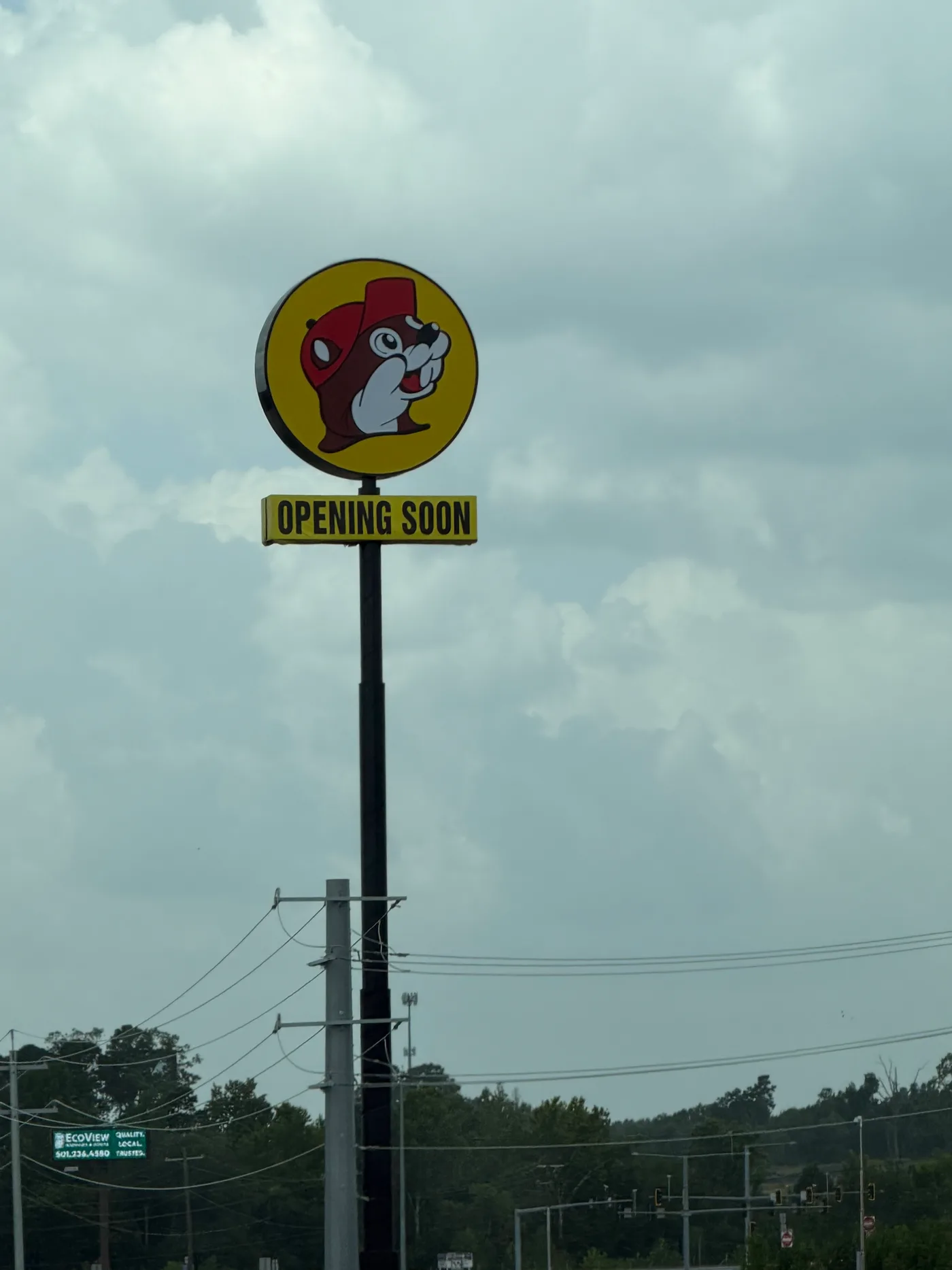 Benton, Arkansas Buc-ee's roadside beaver sign with an 'Opening Soon' banner