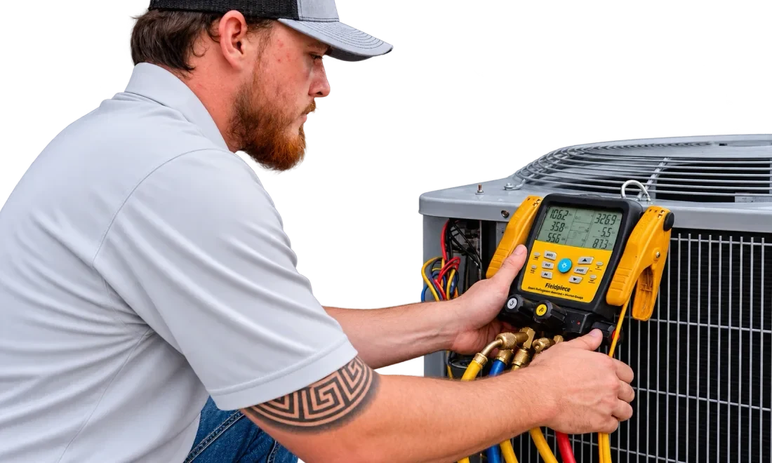 Jet Heat and Air technician checking refrigerant pressures on an outdoor unit
