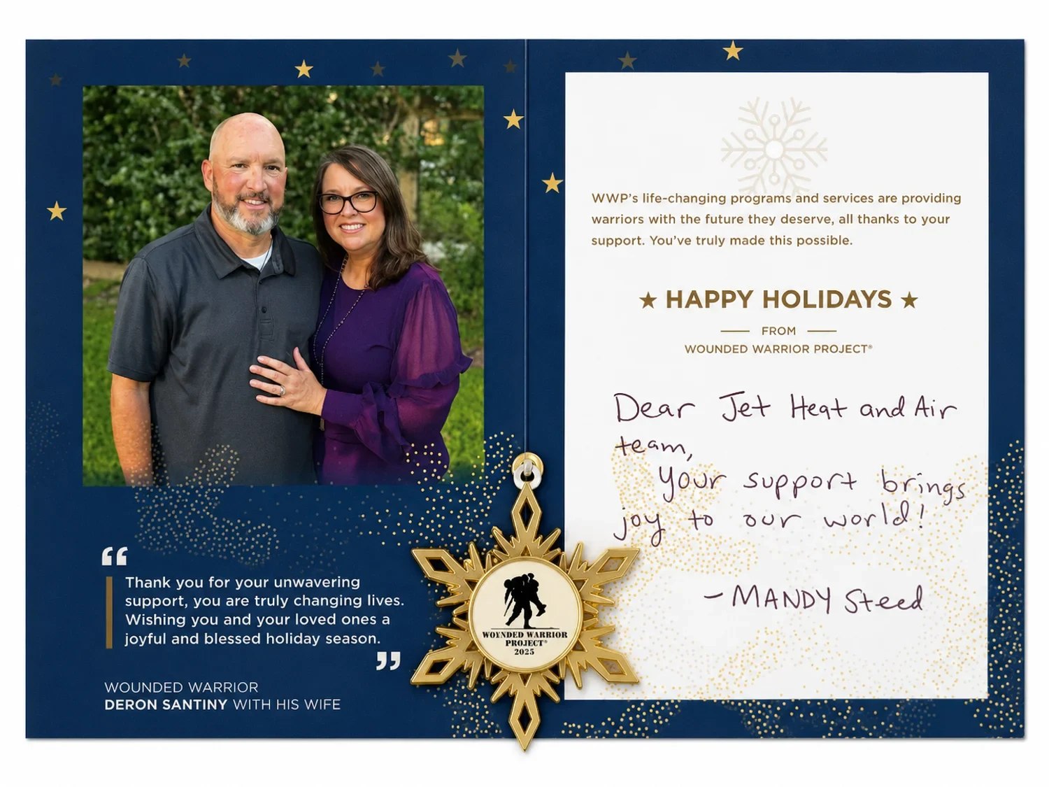 Wounded Warrior Project holiday thank-you card addressed to the Jet Heat and Air team
